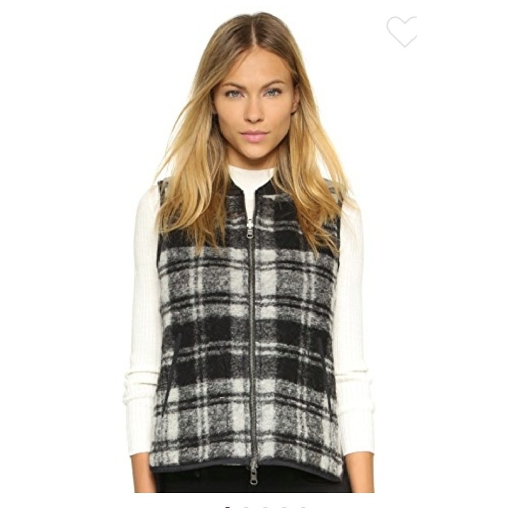 Madewell Plaid Wool Blend Bomber Vest Gray Black Zip Front Quilted Lined Size S